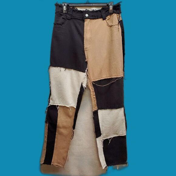 Shein Patchwork Stringy Pants Jeans in Black, White and Tan Size L - Picture 1 of 9